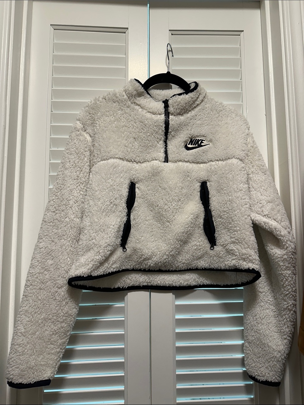 Nike White Sherpa Half-Zip Pullover with Black Accents